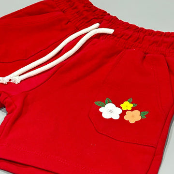 RED DOUBLE POCKET FLOWERS PRINT SHORTS FOR GIRLS